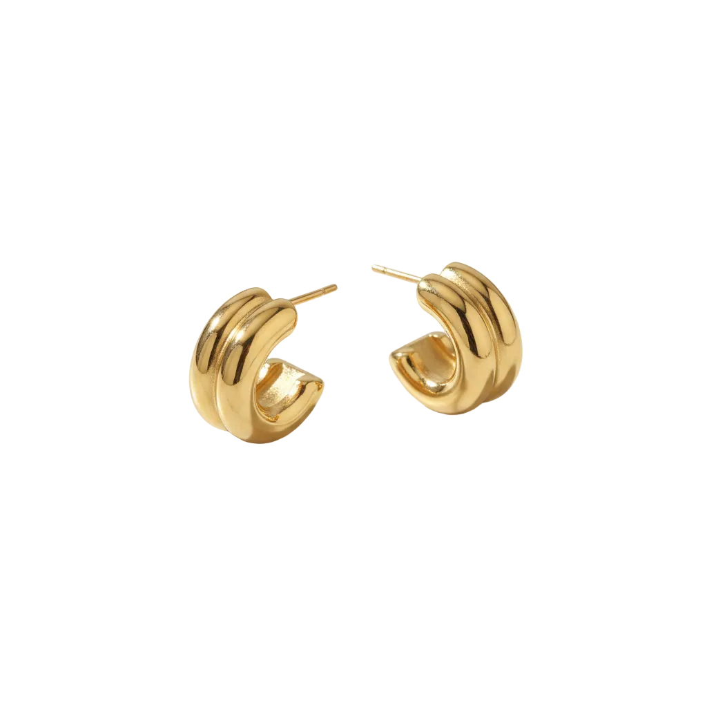 Luna Earrings – gold stainless steel triple-hoop huggies on white marble
